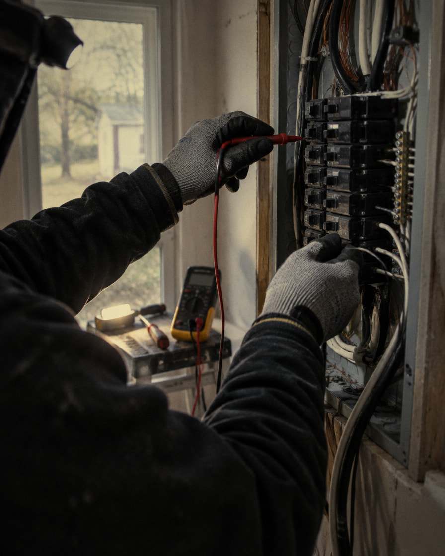 Un elettricista con i guanti controlla con il tester i cavi di un quadro elettrico, accanto alla finestra