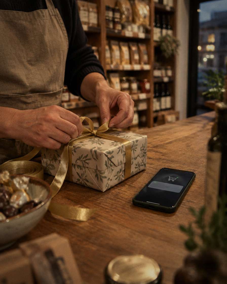 In una bottega con gli scaffali di legno, il negoziante chiude un pacco regalo con il nastro dorato; sul bancone, un telefono