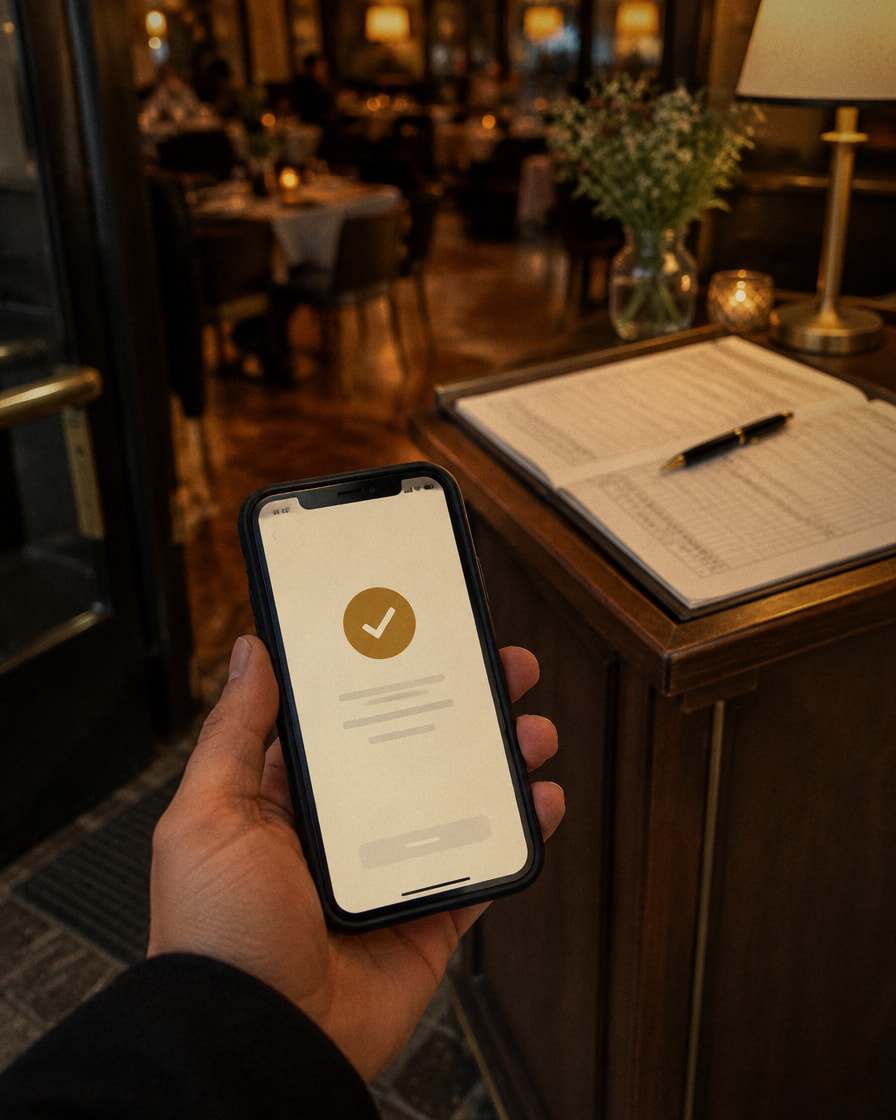 Una mano tiene un telefono con la conferma della prenotazione appena fatta, accanto al leggio dell’accoglienza di un ristorante