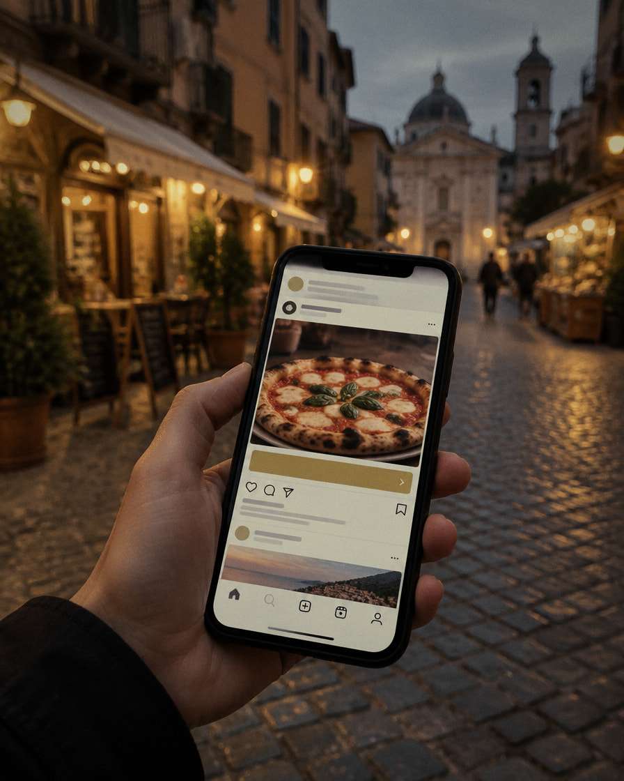 Una mano tiene un telefono con il post sponsorizzato di una pizzeria, in una via del centro all’imbrunire con i locali accesi